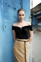 Off Shoulder Knit Top with Draped Bodice and Statement Twist Detail at Bust